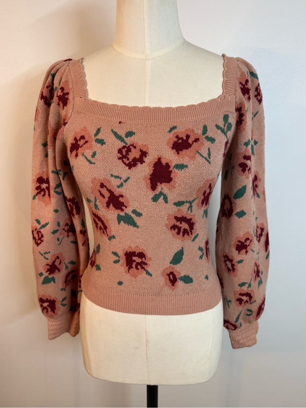 Off-the-Shoulder Floral Knit Sweater - Dusty Rose